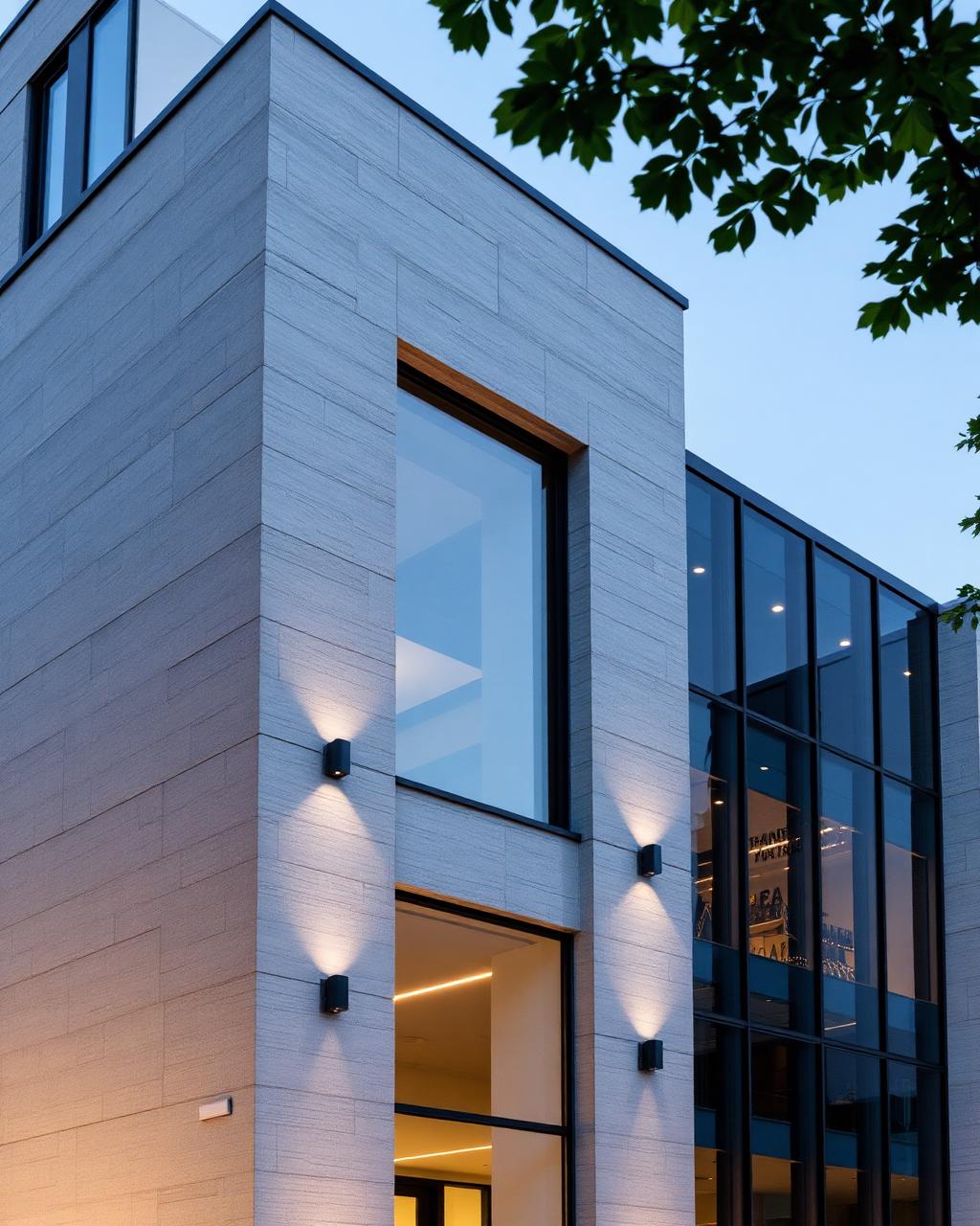 Exterior minimalista de edifício de apartamentos com varandas profundas ao anoitecer